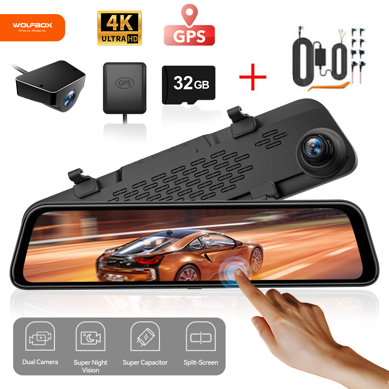 WOLFBOX 4K G840S Mirror Dash Cam Front and Rear, with WDR Camera Hardwire Kit