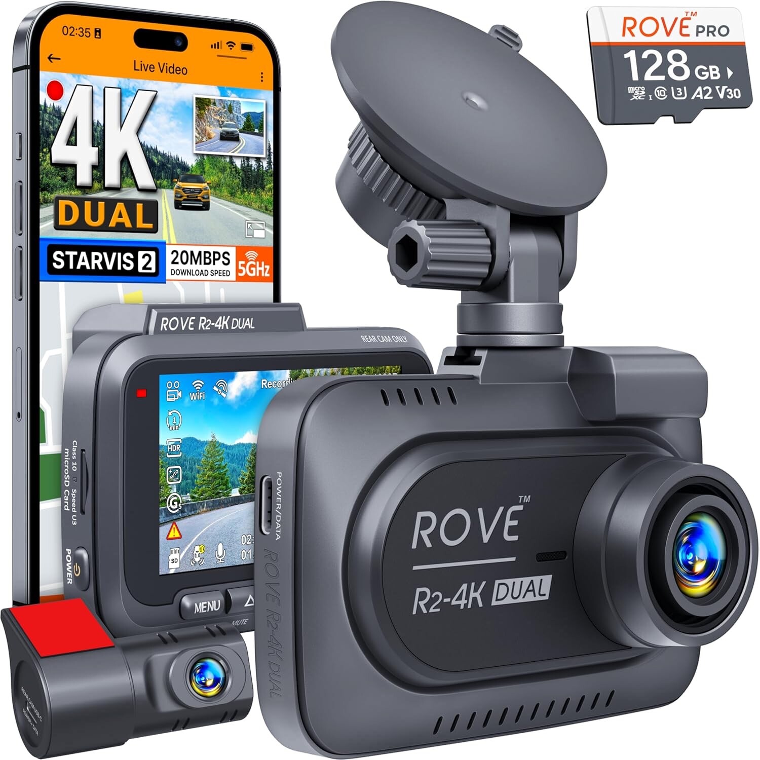 ROVE R2-4K DUAL Dash Cam Front and Rear, STARVIS 2 Sensor, FREE 128GB Card Inclu