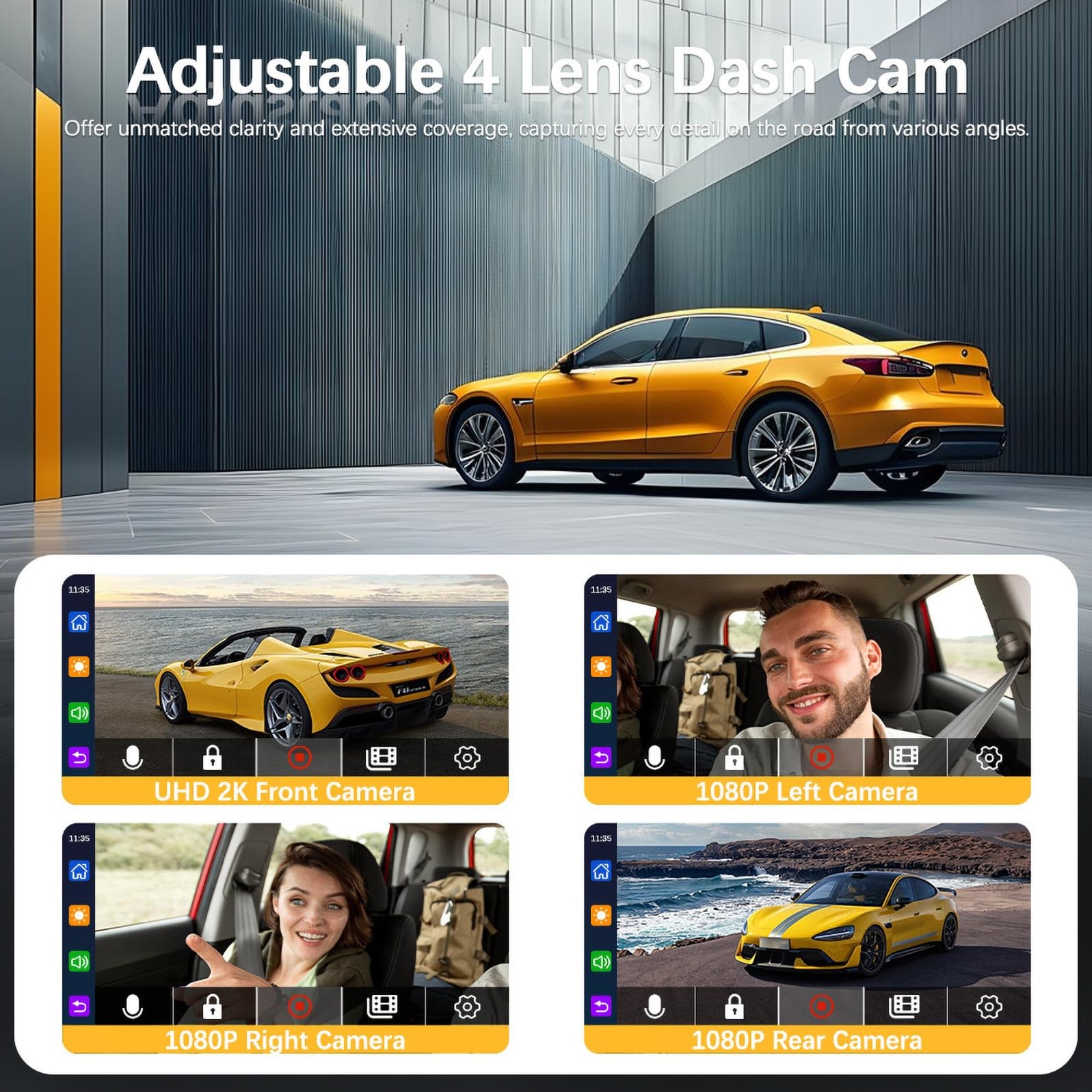 4 Channel Dash Cam Front & Rear for Cars with Radar,2K FHD & WDR Night