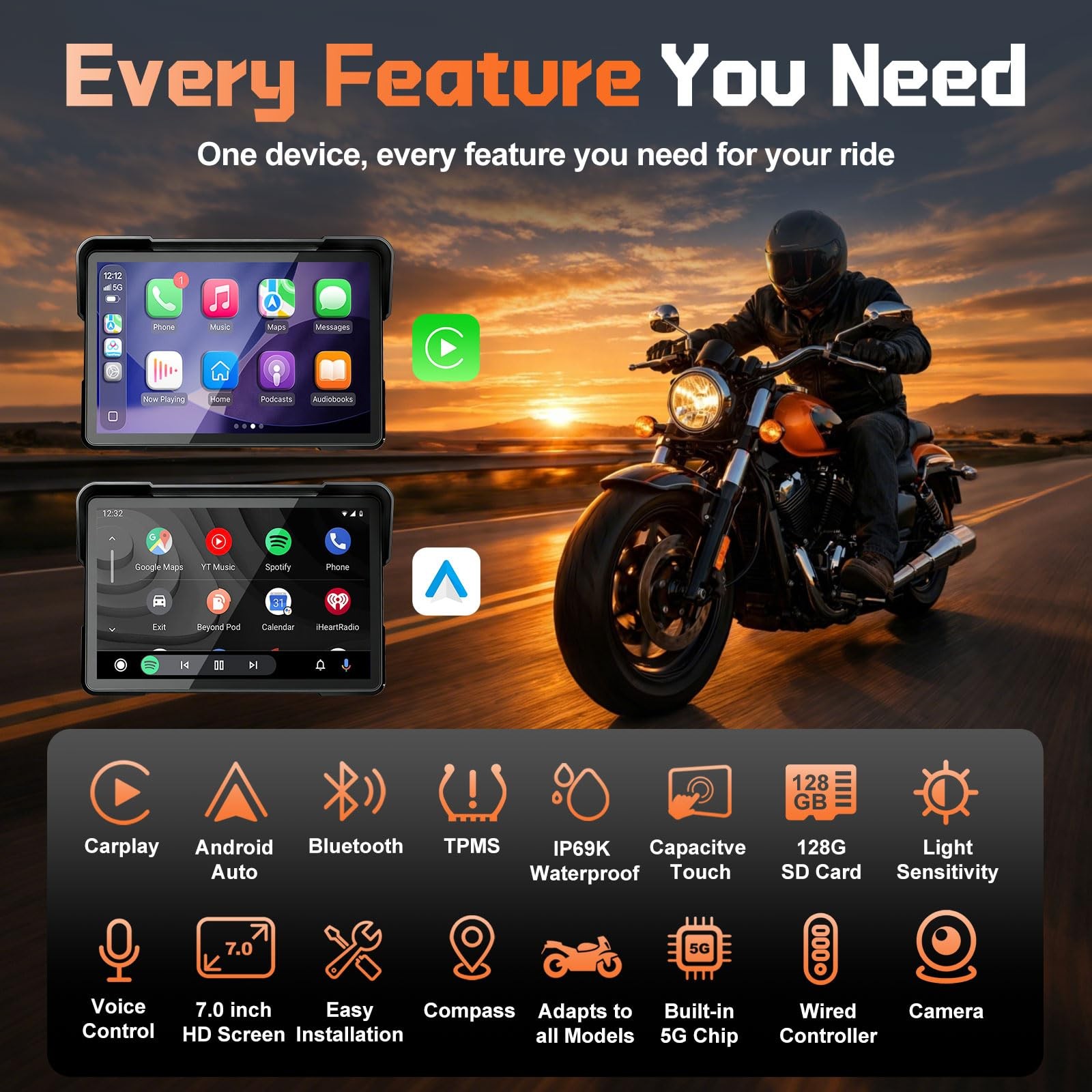 2026 LBW 7″ Wireless GPS Motorcycle CarPlayIncludes 128G SD with Android Auto…