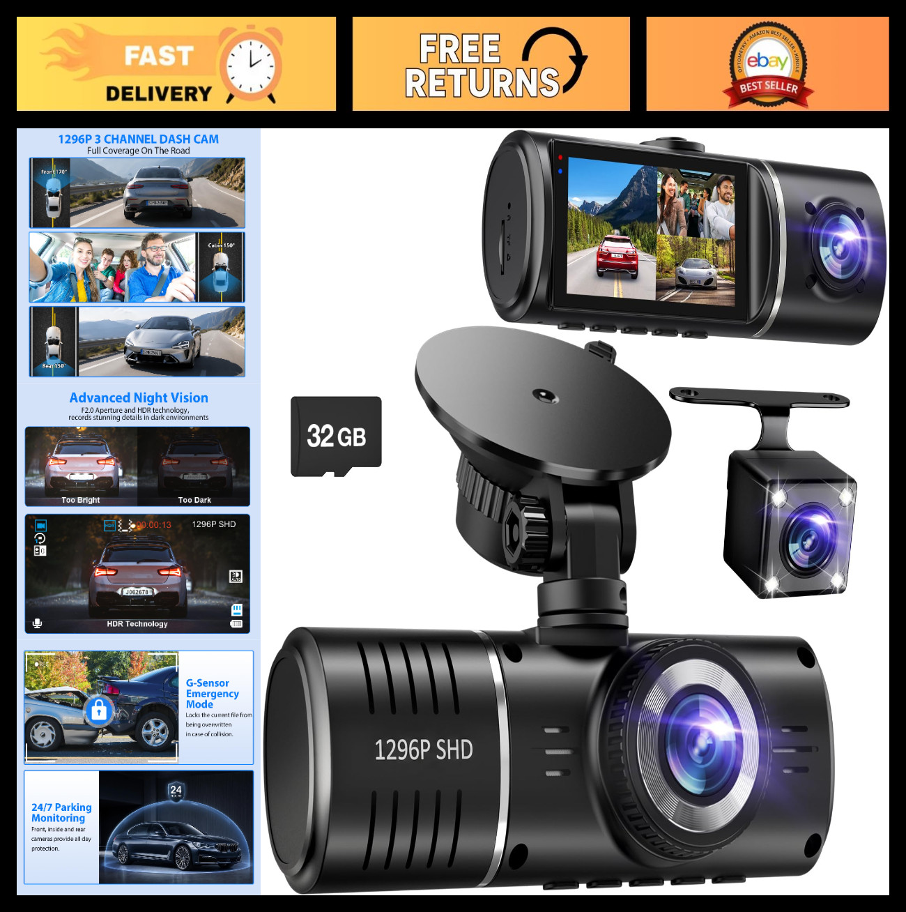 1296P Front & Rear Dash Cam, 3-Channel Car Camera with Night Vision, Loop Record