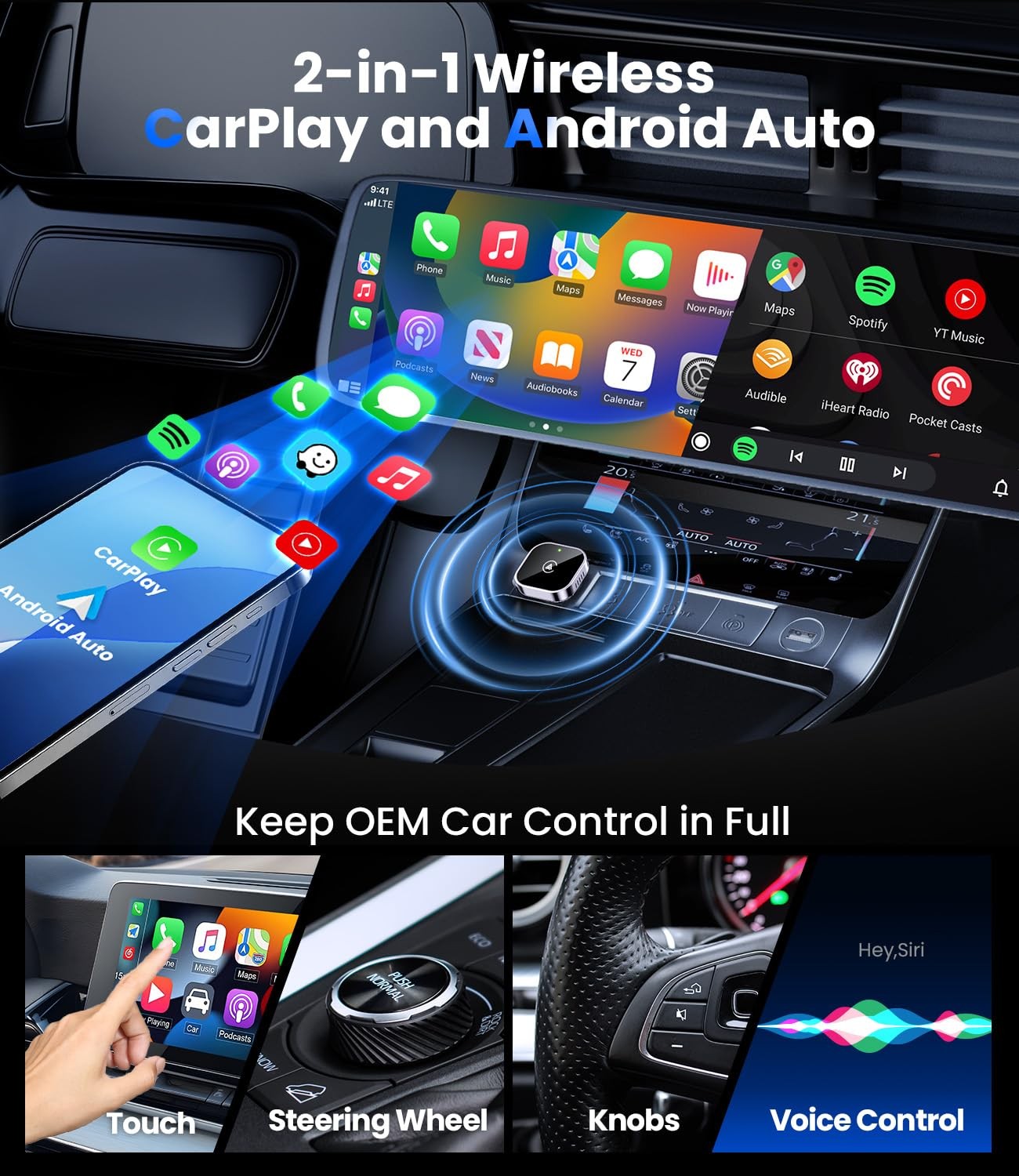 2 in 1 Wireless CarPlay Android Auto Adapter Plug Play Compact Car Upgraded