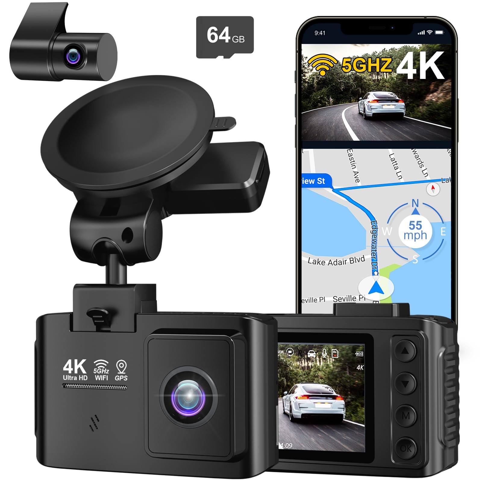 Dash Cam Front and Rear: 4K+2.5K Dual Channel Dash Cam-5GHz WiFi, GPS Dash Ca…