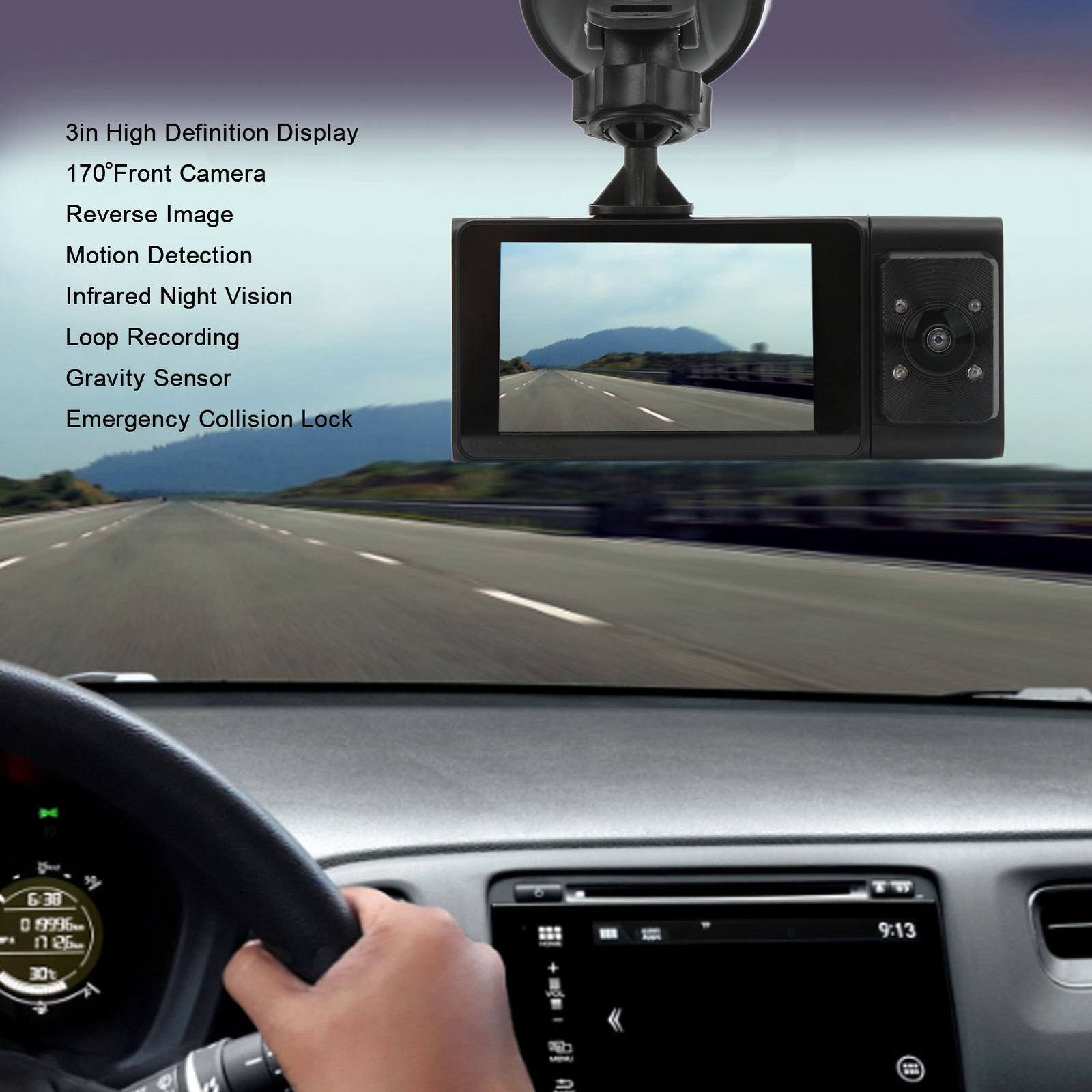 3.0in Car Dash Cam 3 Lens Night G Sensor Loop Recording Motion Detection