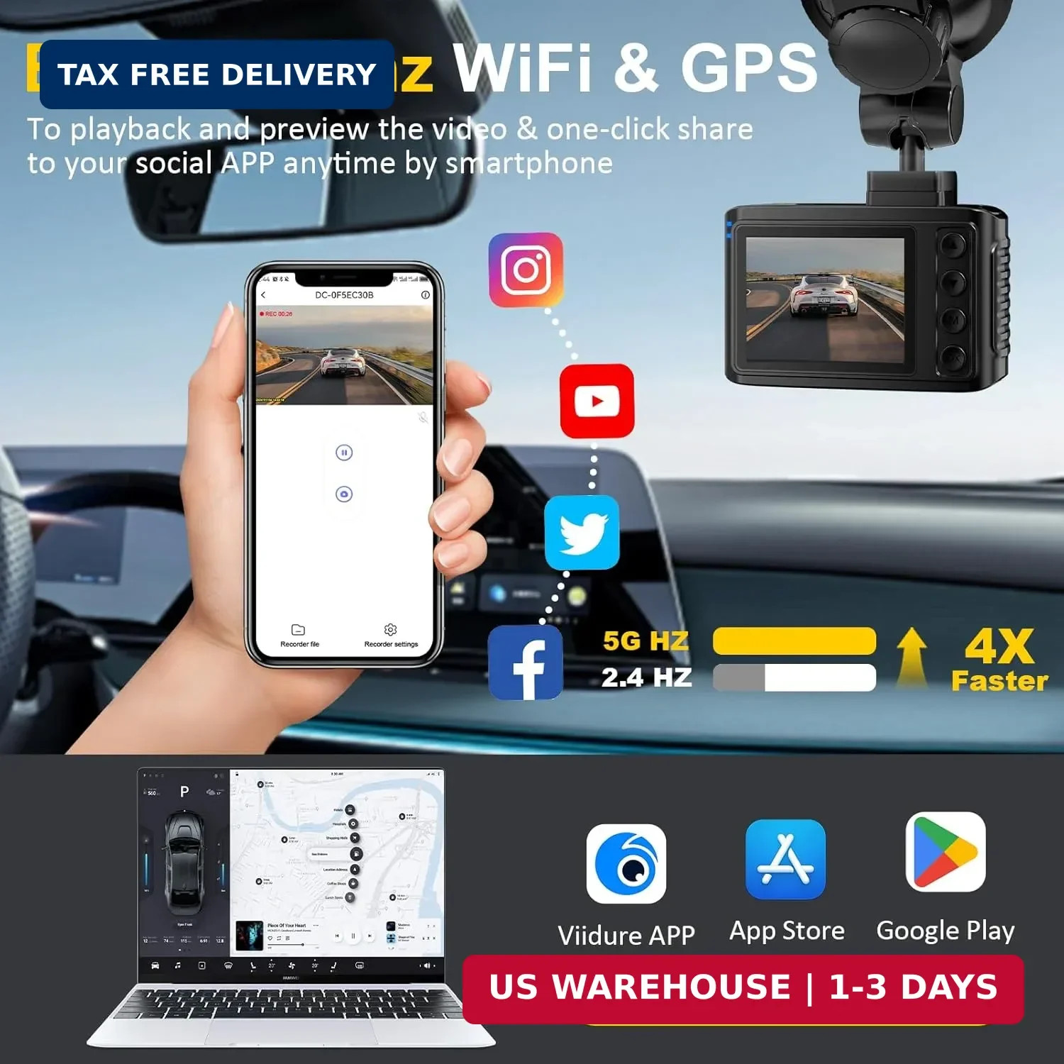 Dash Cam Front and Rear: 4K+2.5K Dual Channel Dash Cam-5GHz WiFi, GPS Dash Camer
