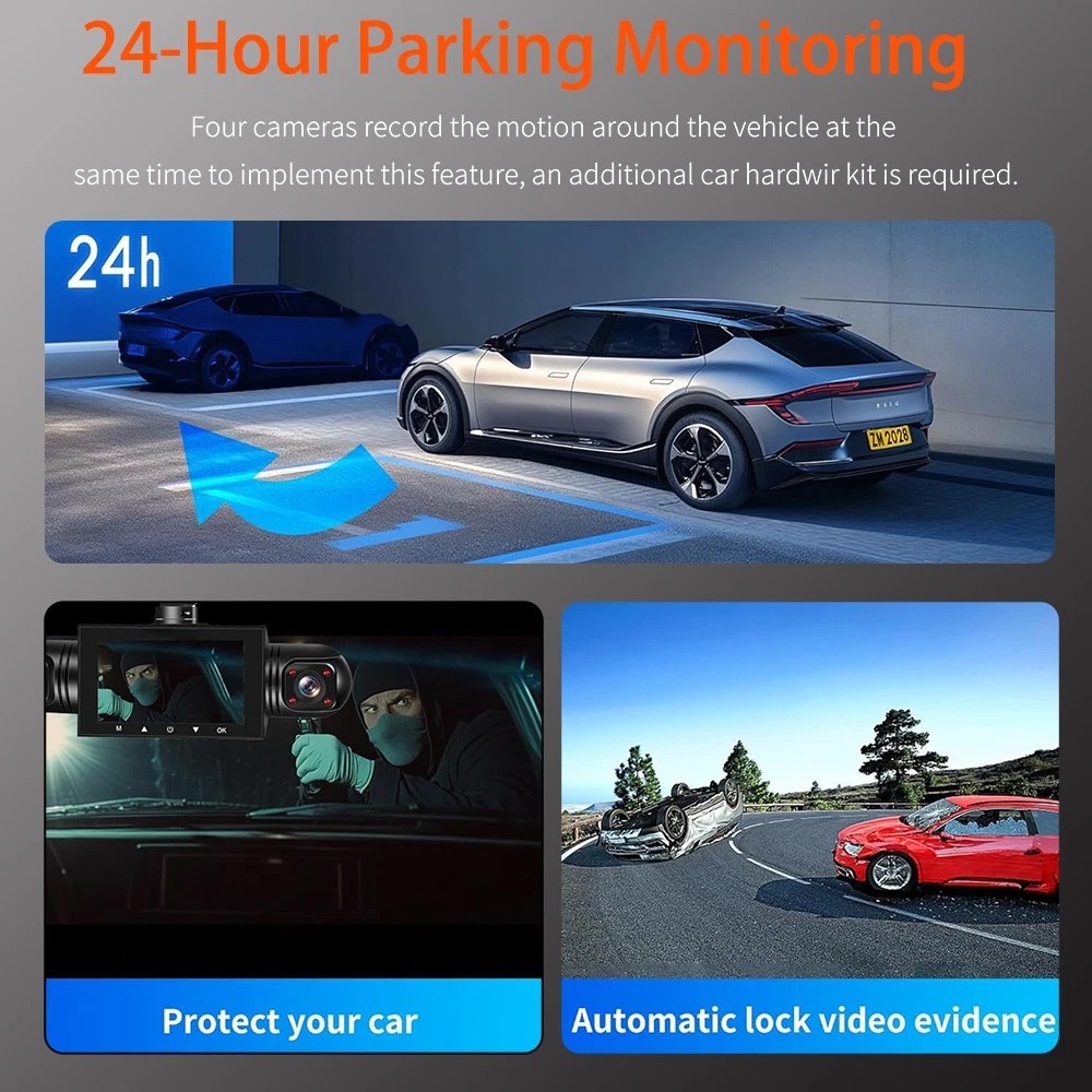 360° 4 Channel 1080P Car Dash Cam Front and Rear Inside Left Right + Camera
