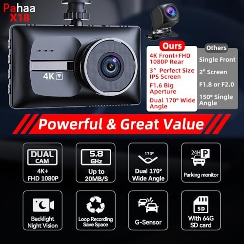4K Dual Dash Cam Front & Rear, 5G WiFi, 3″ IPS Screen, UHD Night Vision, 170° Wi
