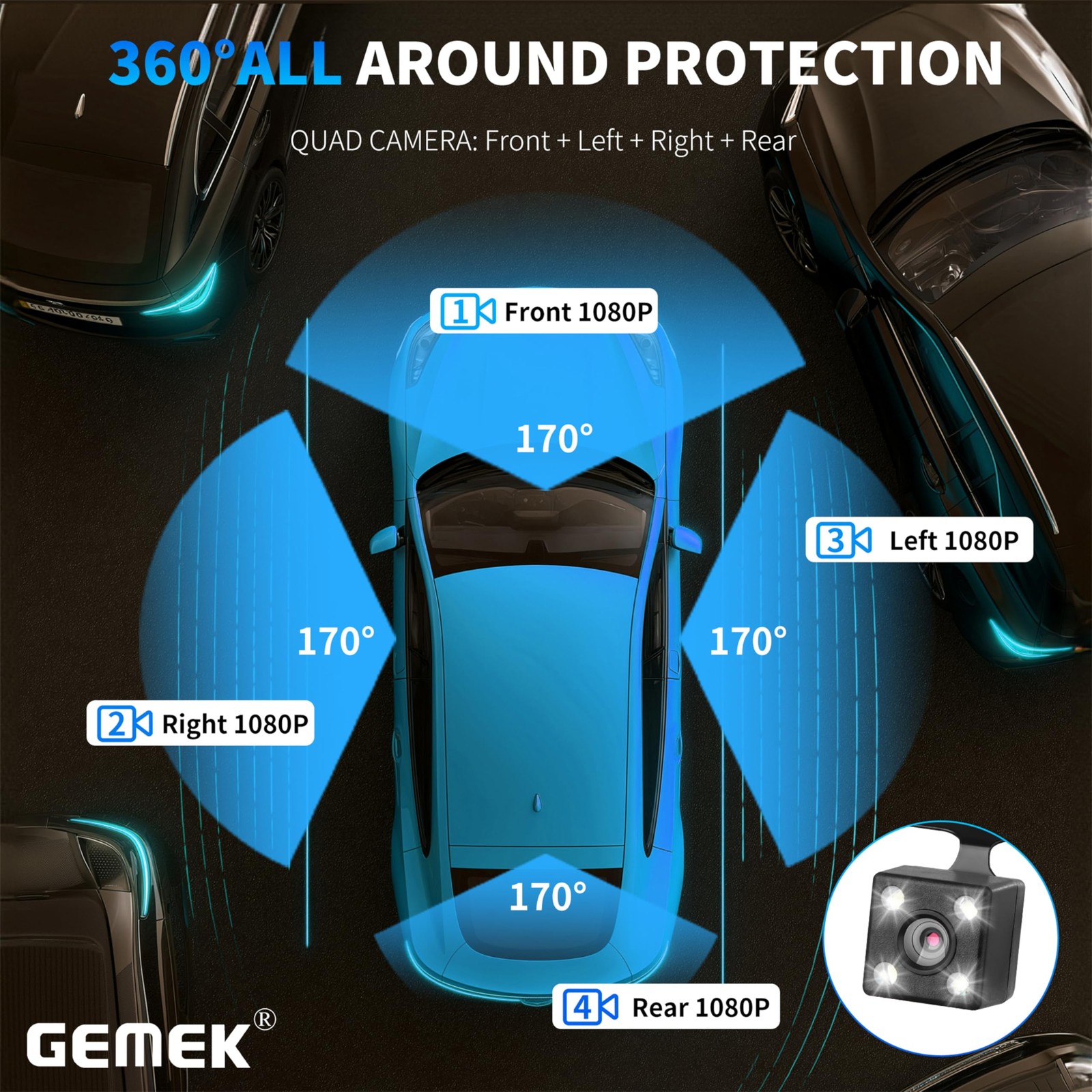 360 Degree View 4 Channel Dash Cam 5G WiFi & APP Control, GEMEK 2K Front and …