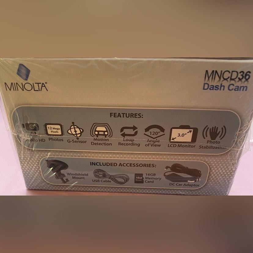 Minolta MNCD36 Dash Cam 1080p FHD 3.0″ LCD 120° Wide Black New 16GB Sealed