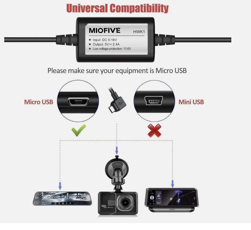 Miofive Dash Cam Hardwire Kit, 11.5ft Micro USB Hard Wire Kit NEW