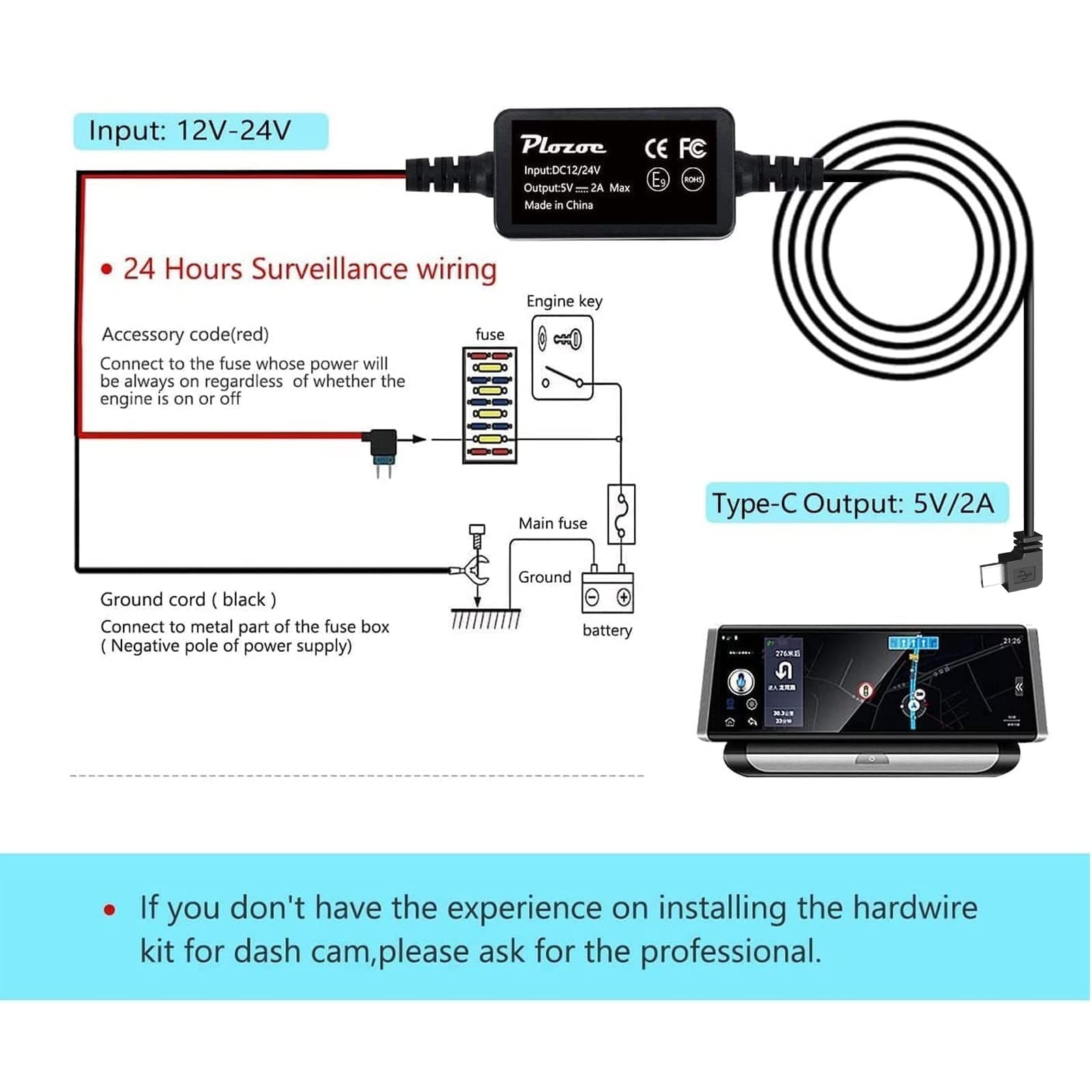 Hardwire Dash Cam Kit – USB C 12V-24V to 5V Charger Power Cord, 11.5ft, Fuse Tap