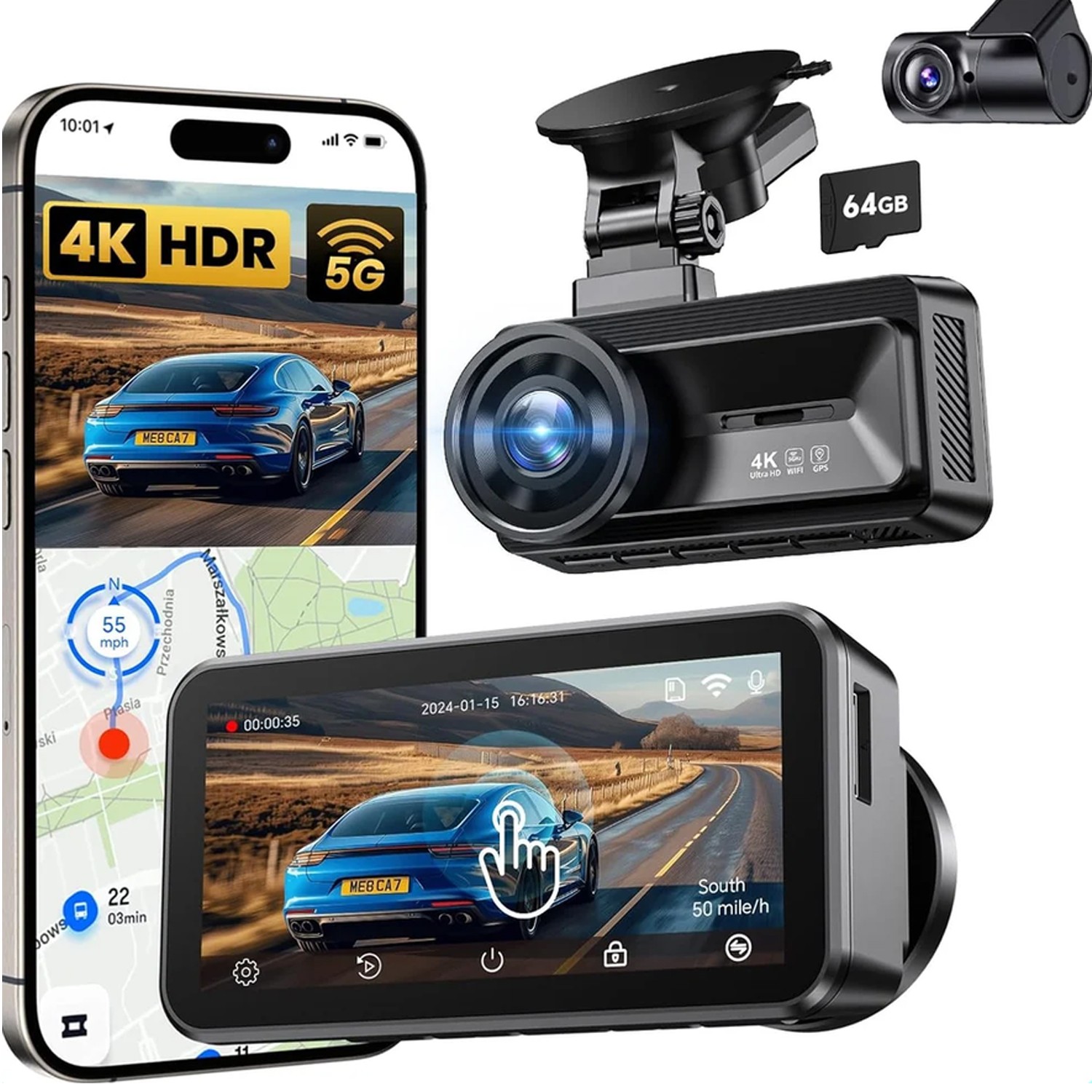 Coolcrazy N8 64GB Card 4K Dash Cam Front and Rear,Touch Screen,Loop Recording