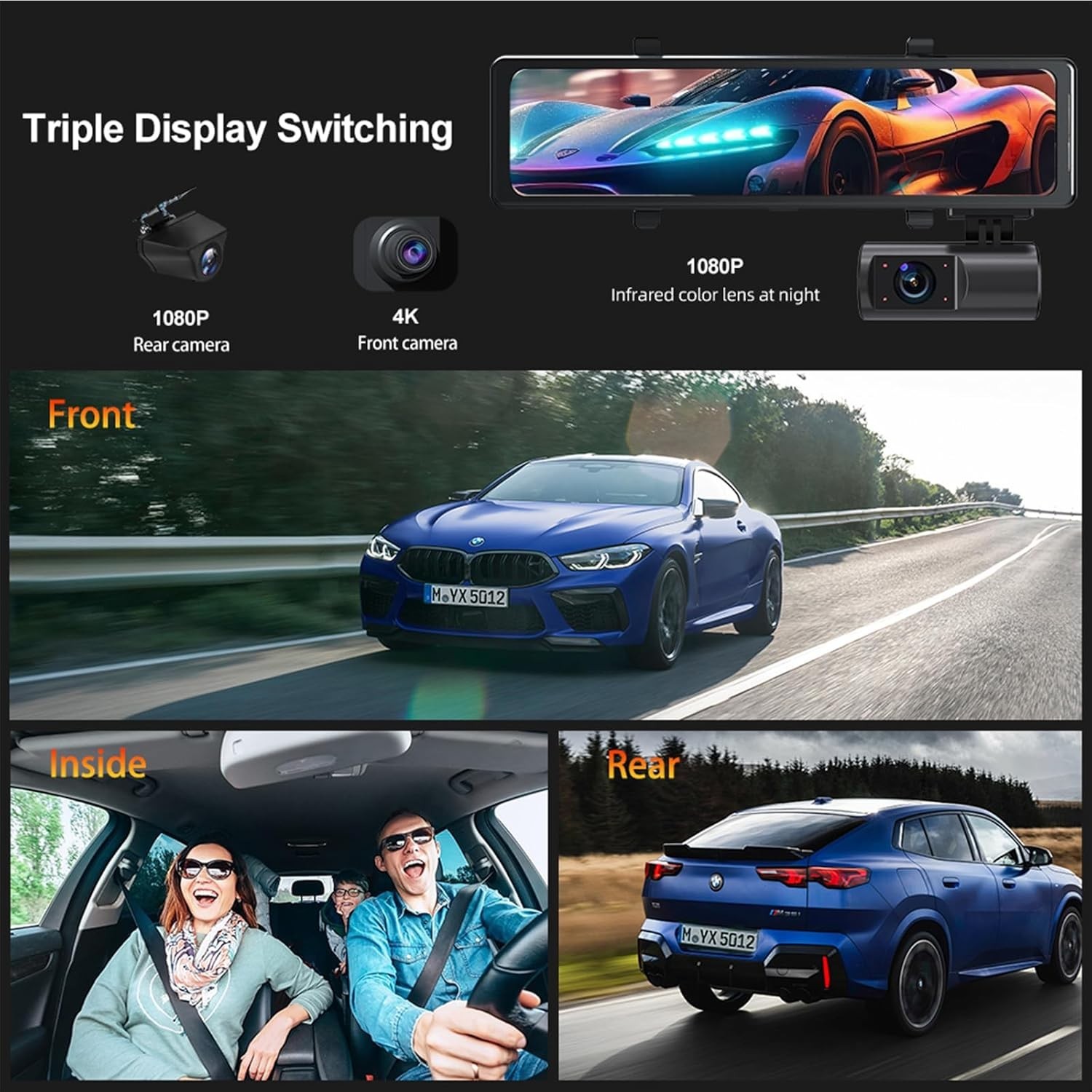 3 Channel Mirror Dash Cam, 12″ Triple Rear View Mirror with Front 4K, Inside …