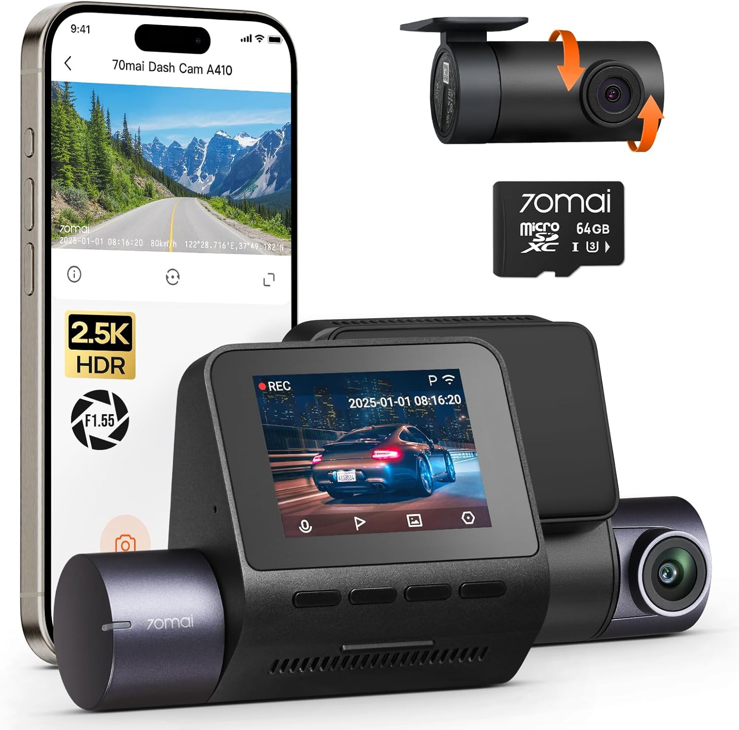 2.5K+1080P Dual Dash Cam Front/Rear A410 WiFi GPS Night Vision 64GB Included