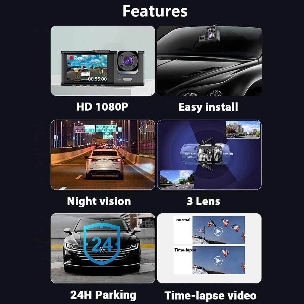 3 Channel Dash Cam WIFI 3 Cameras, Front Rear and Inside, Rearview Mirror Vid…