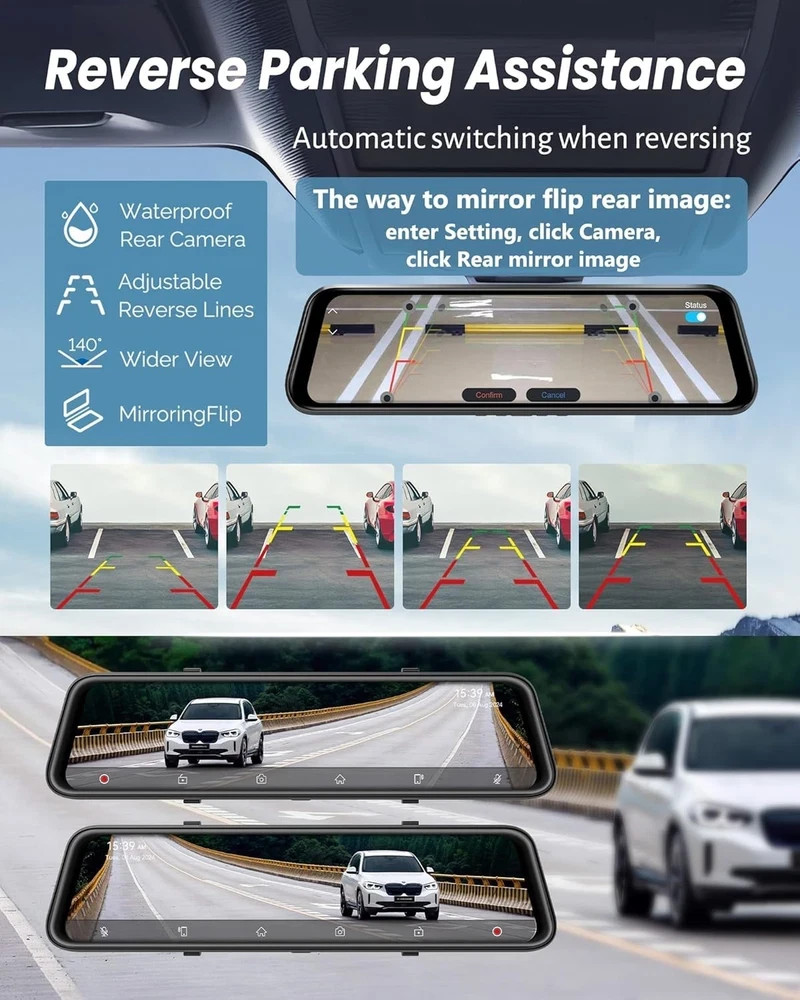 4K Rear View Mirror Camera with Carplay&Android Auto,12″ Mirror Dash Cam Front a