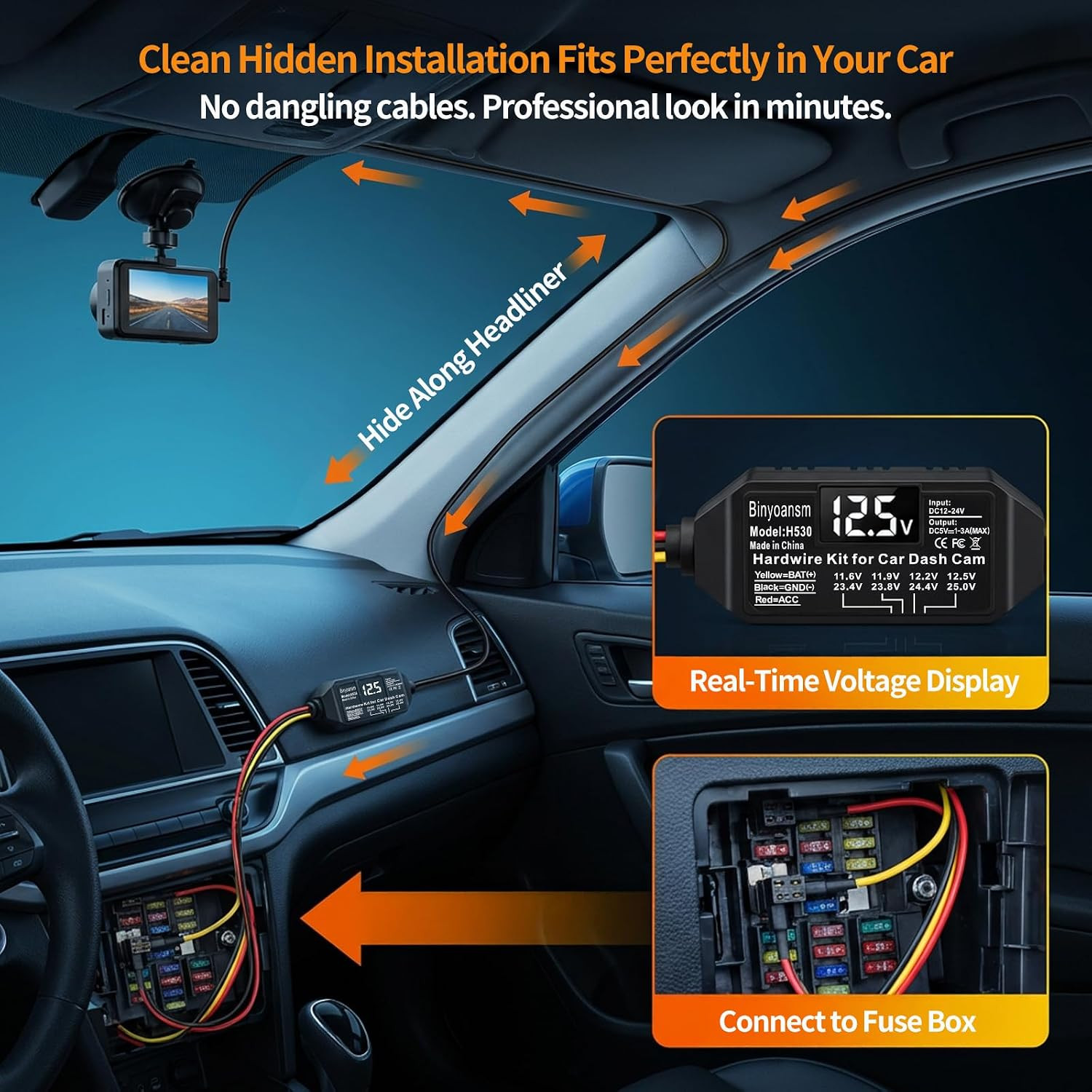 Dash Cam Hardwire Kit USB C with LED Voltage Display,4-Level Adjustable Low Volt