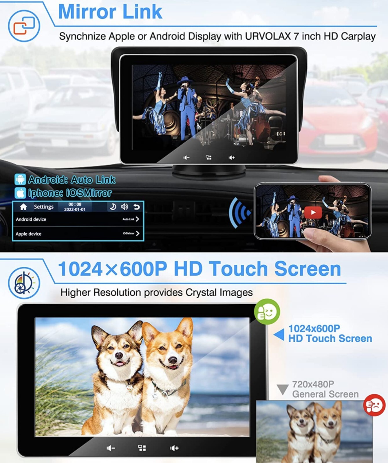 Urvolax Dash Mounted Smart 7 Inch Display Touchscreen Carplay AndroidAuto