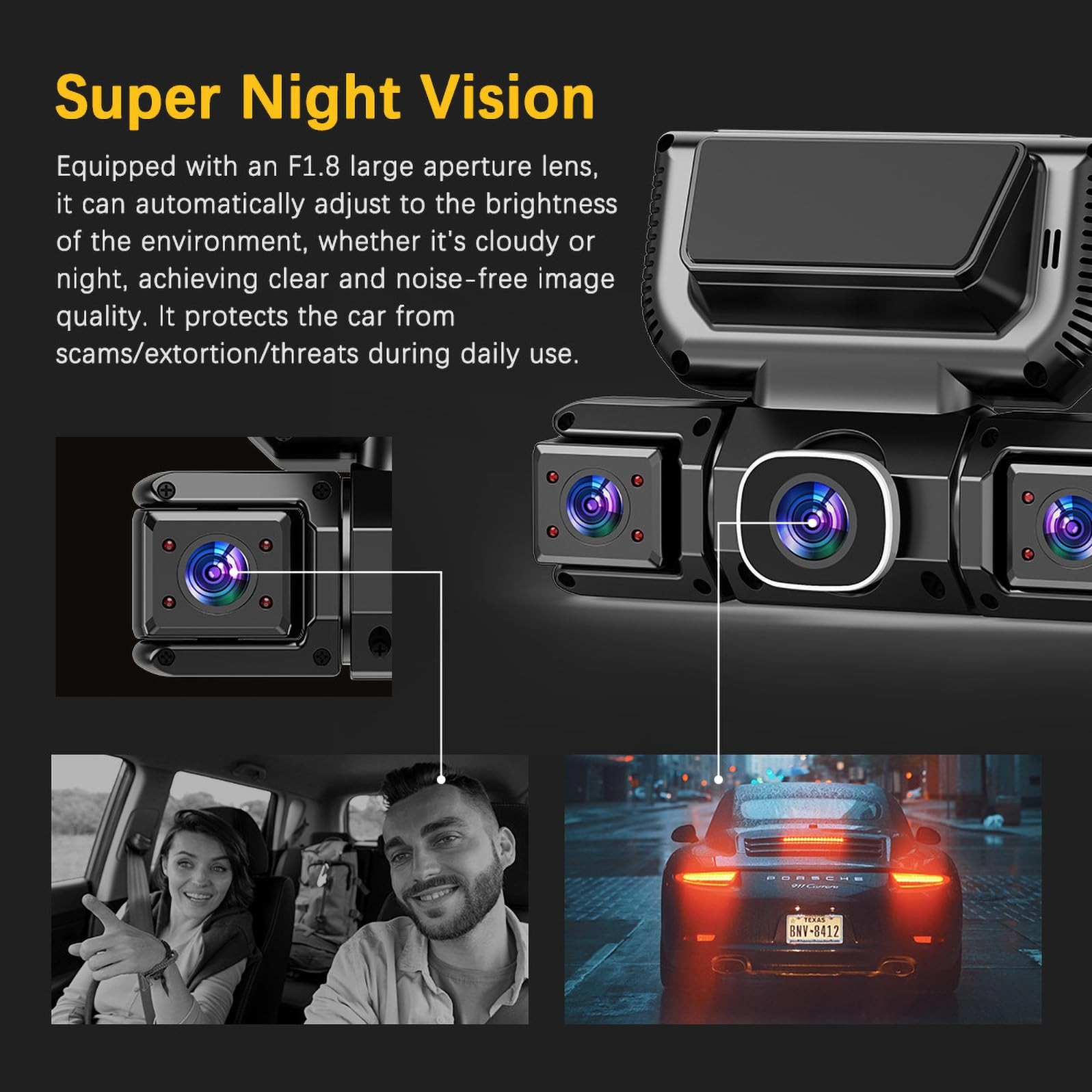 4 Channel Dash Cam Front & Rear for Cars with Radar,2K FHD & WDR Night