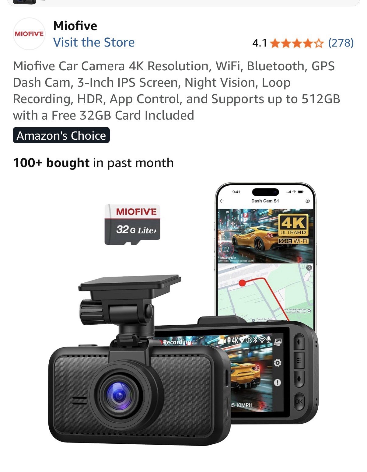 Miofive Car Camera 4K Resolution, WiFi, Bluetooth,GPS Dash Cam,3-Inch IPS Screen