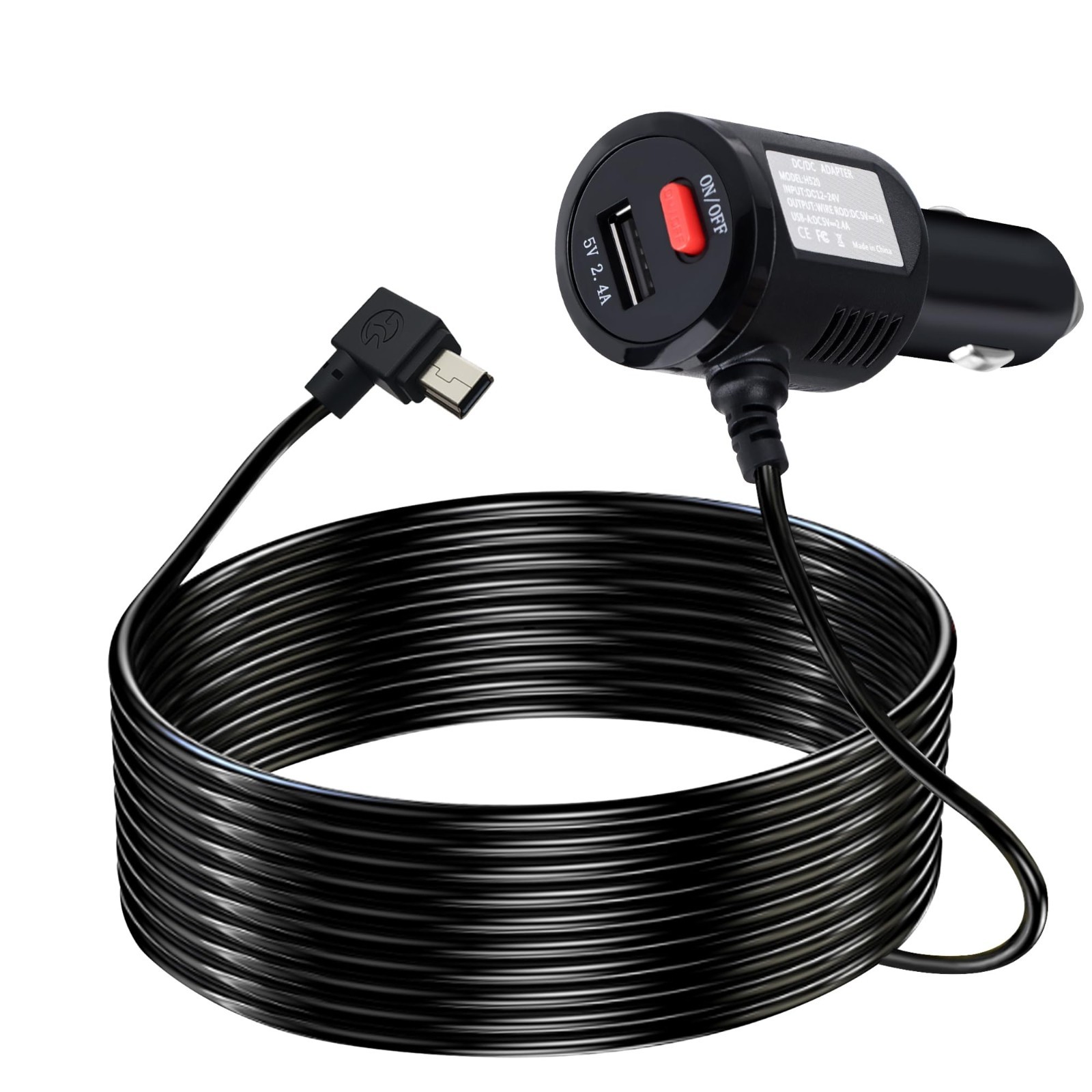 90° Mini USB Power Cable with On/Off Switch for Dash Cam, GPS & MP3 – 11.5FT