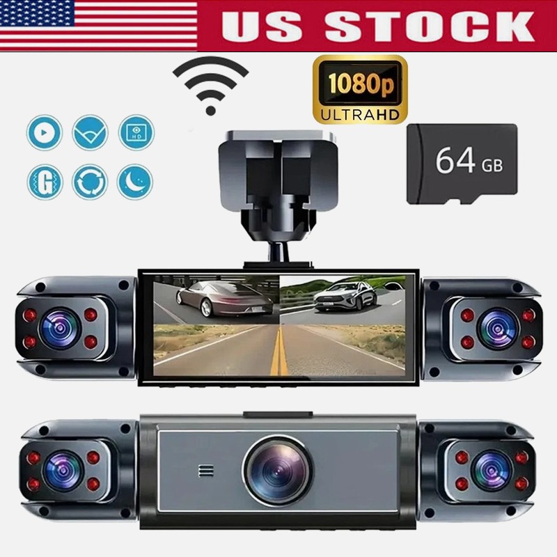 4 Channel 360° Dash Cam 1080P HD WiFi G-Sensor, Loop Recording Includes 64GB