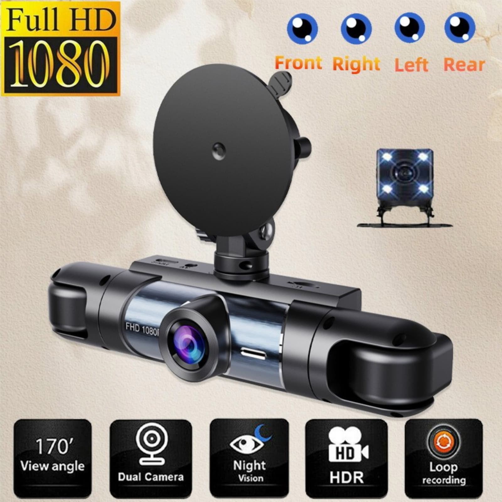 1080P 4 Way Dash Cam Front Rear Cabin Side View Camera 64GB Card 170 Degree Lens
