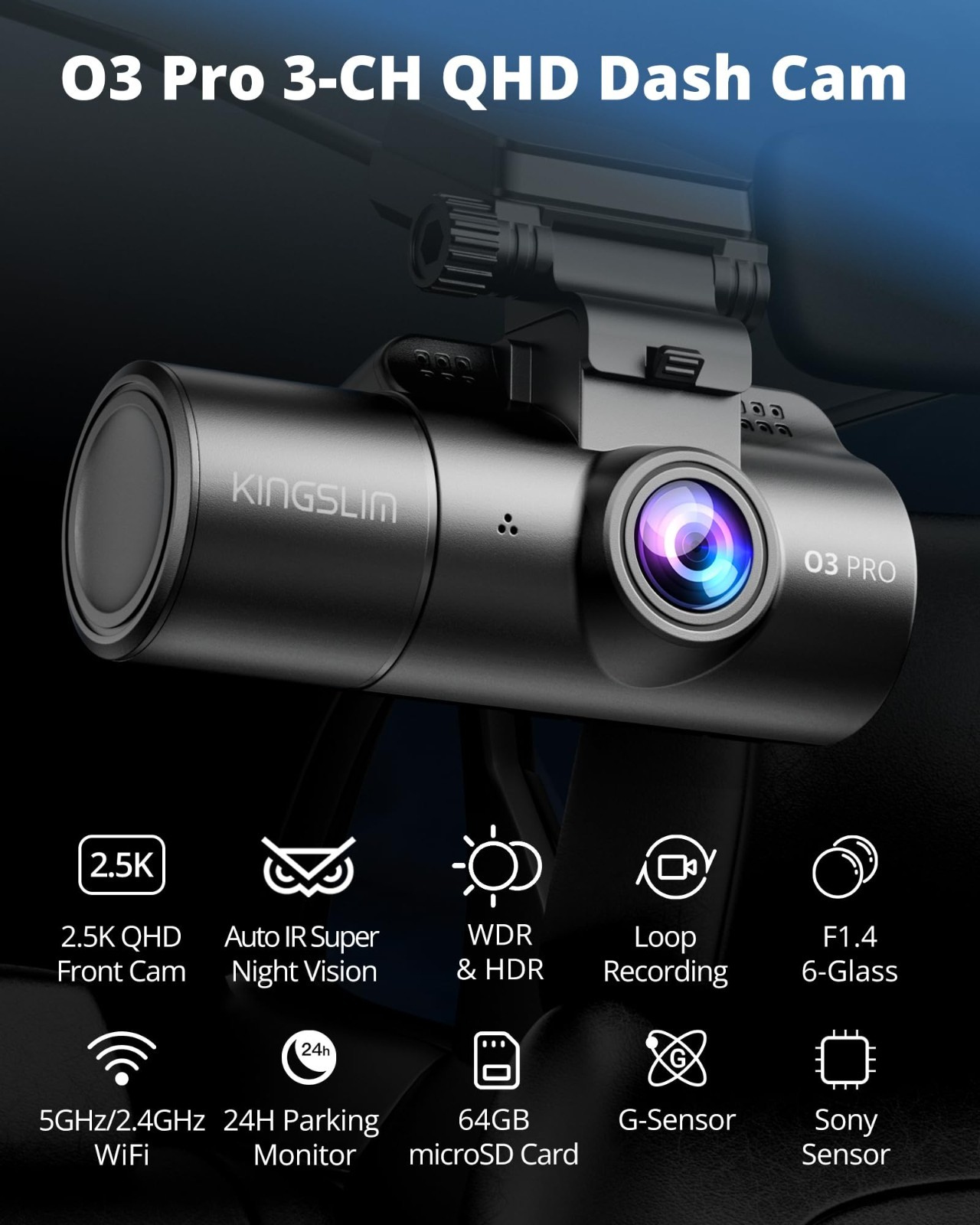 3-Channel 2.5K Dash Cam Front & Rear, 64GB Card, WiFi, Night Vision, G-Sensor