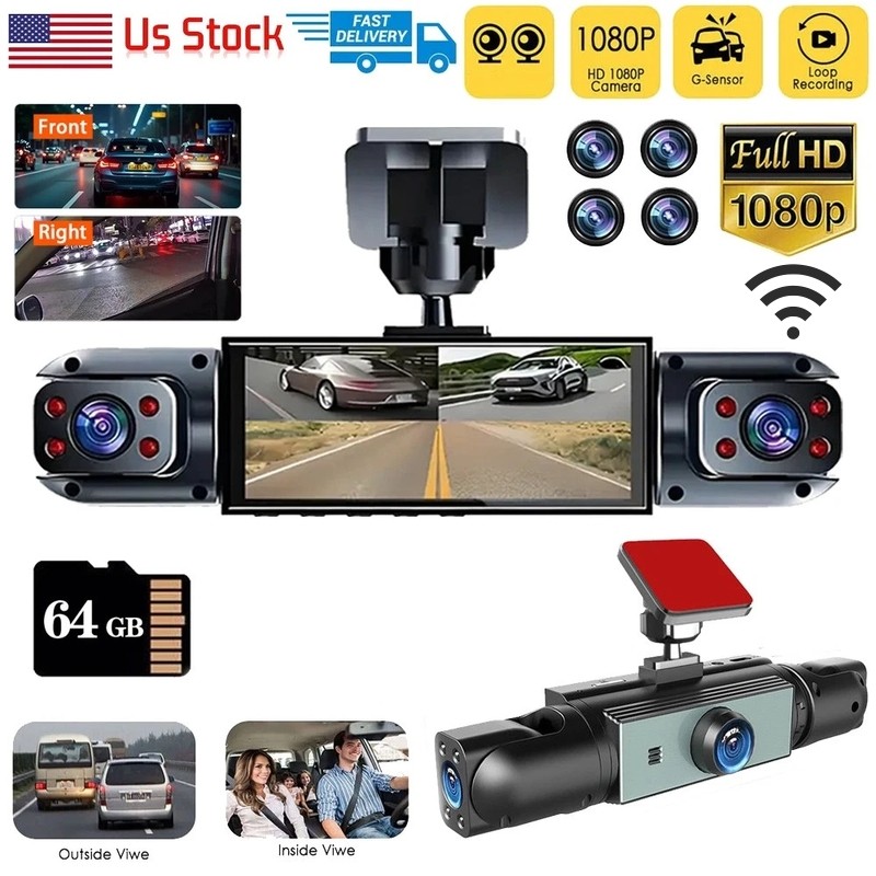 4 Channel 360° Dash Cam Front Rear Inside & Left Right WiFi G-Sensor w/64GB