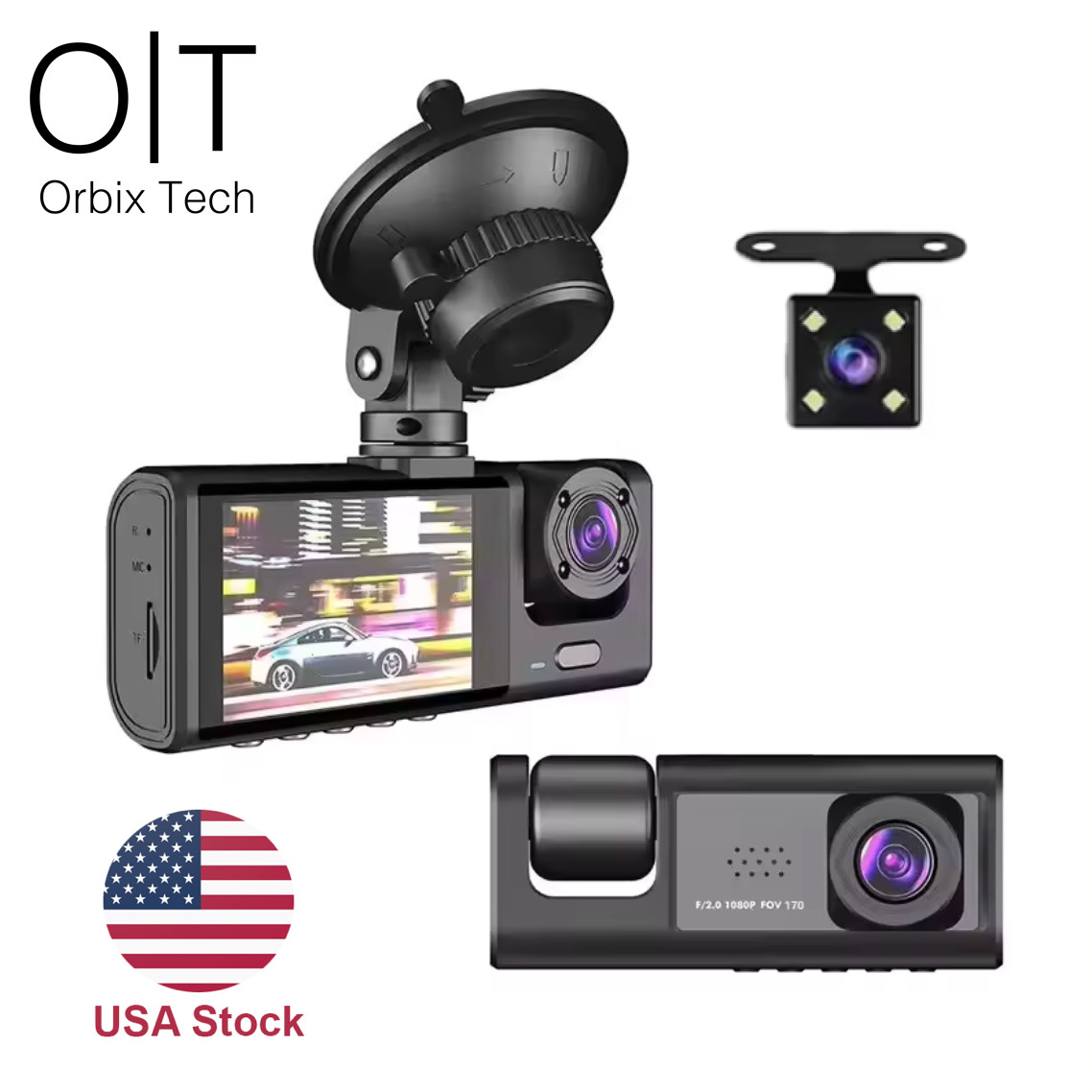 Orbix Dash Cam HD 1080P Car Triple: Front, Interior, & Rear Camera Night Vision