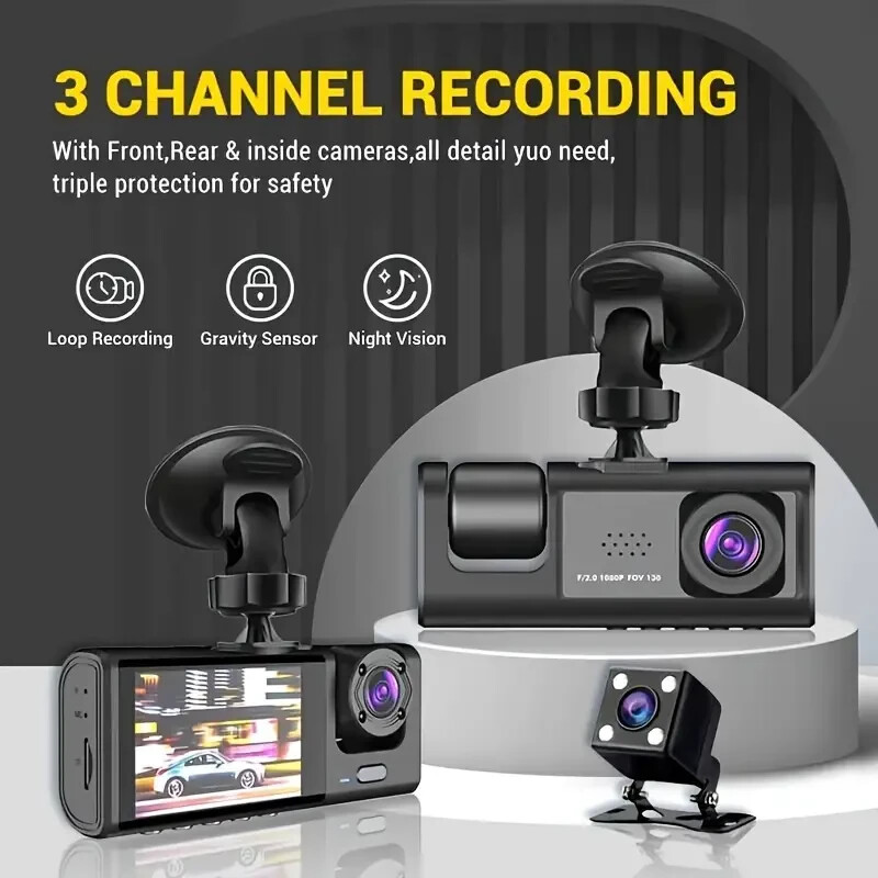 3 Channel Dash Cam Front And Rear Inside,1080P Dash Cam IR Night Vision