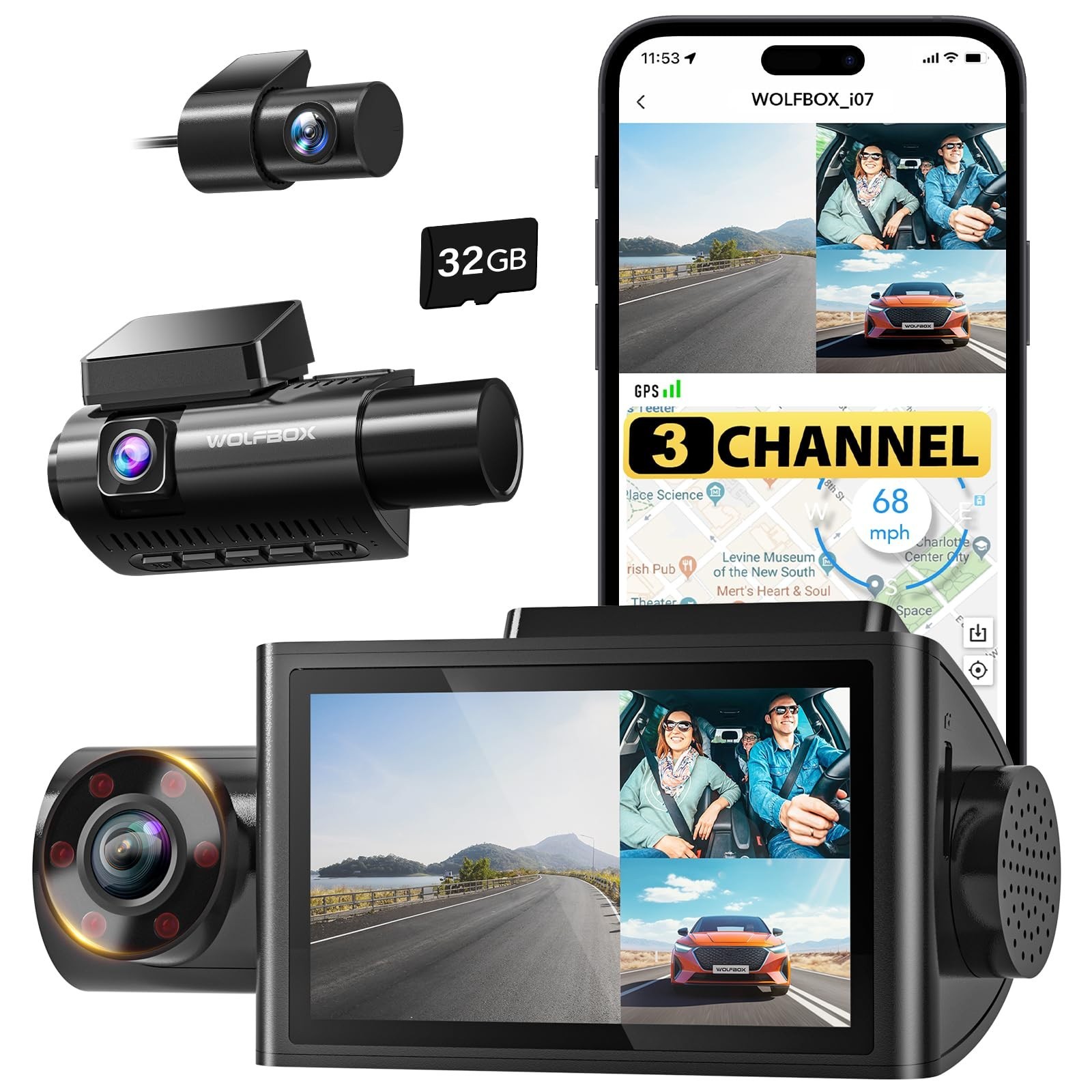 3-Channel Dash Cam with WiFi & GPS, 4K Front & Inside, 1440P+1080P, Night Vision