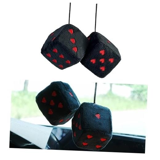 Ziciner Pair Fuzzy Plush Dice for Car Mirror, 3” Retro Square Dice Black&Red