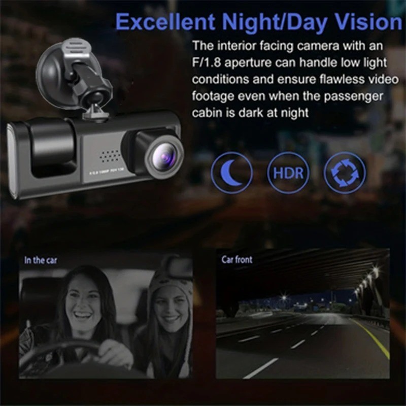 HD 1080P Triple Camera Dash Cam DVR Recorder with Night Vision & Loop Recording