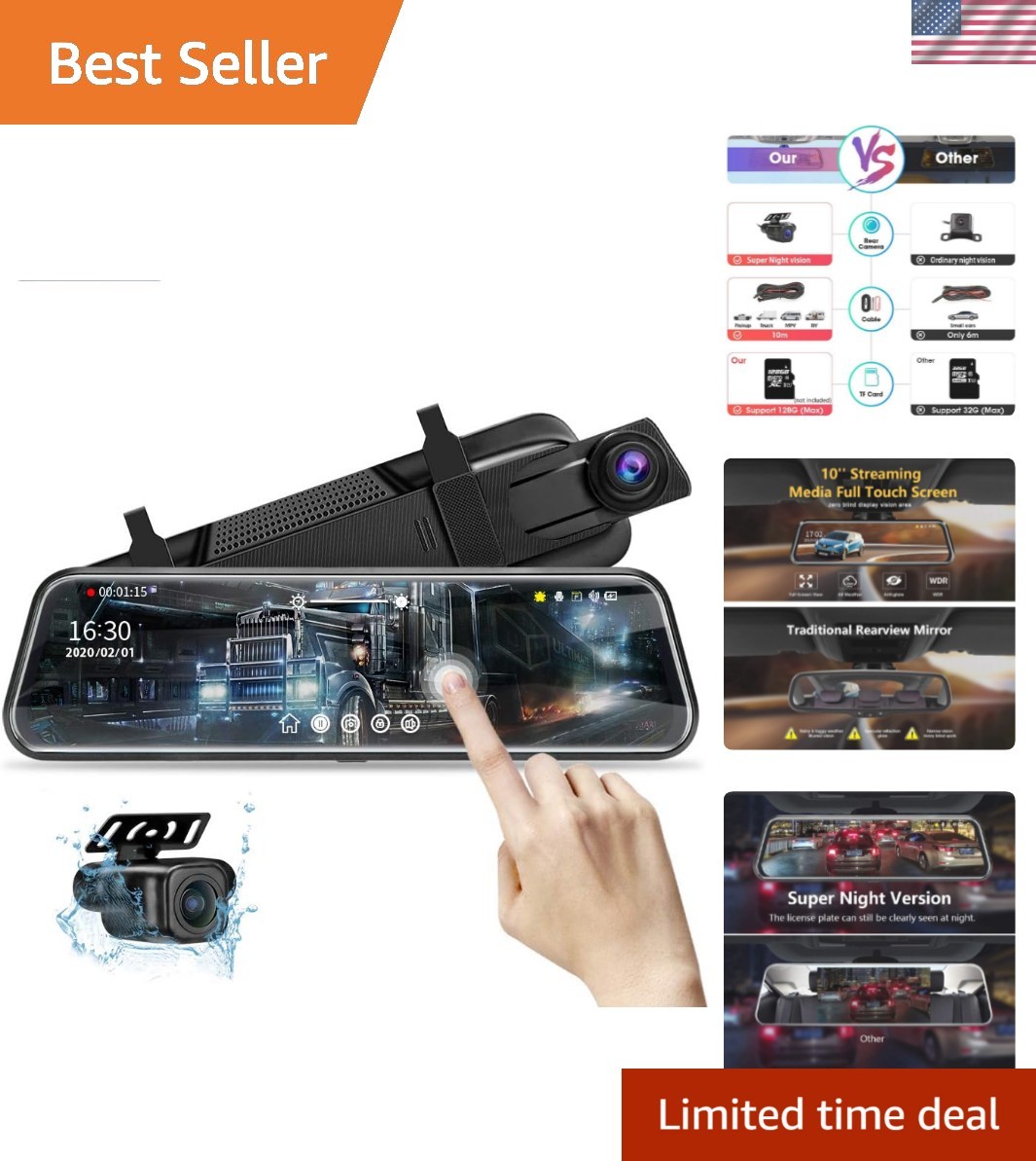 10” IPS Touch Screen Dash Cam – Dual 1080P Night Vision with Loop Recording
