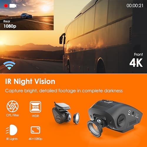USA V1P SE 4K Dual Dash Cam w/GPS, Wi-Fi & 2pcs-CPL Filter | 512GB Support |
