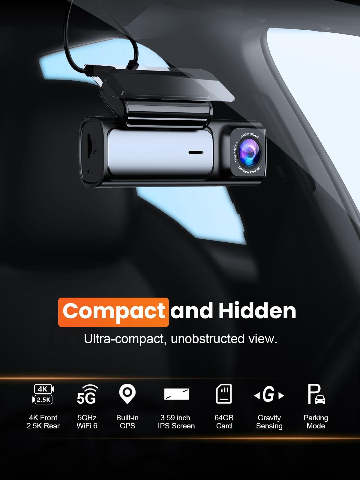 4K+2.5K Dash Cam Front and Rear, Built-in 5G WiFi 6 GPS Dual Dashcam