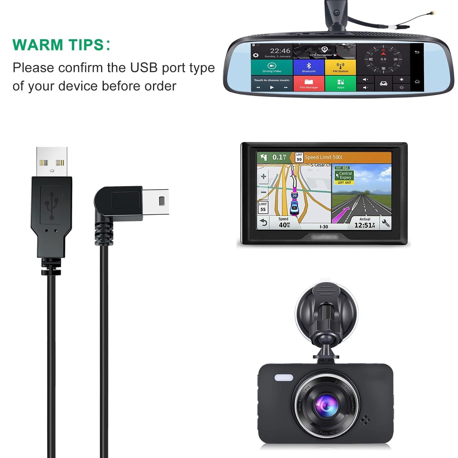 Durable 11.5ft Mini USB Power Adapter for In-Car Dash Cams & Garmin GPS
