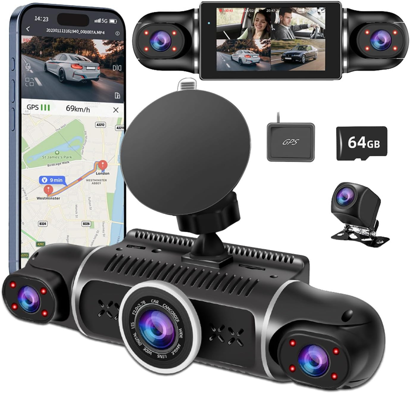 360° Dash Cam Front and Rear View 4 Channel Dash Camera FHD 2K+1080Px3 for Car,