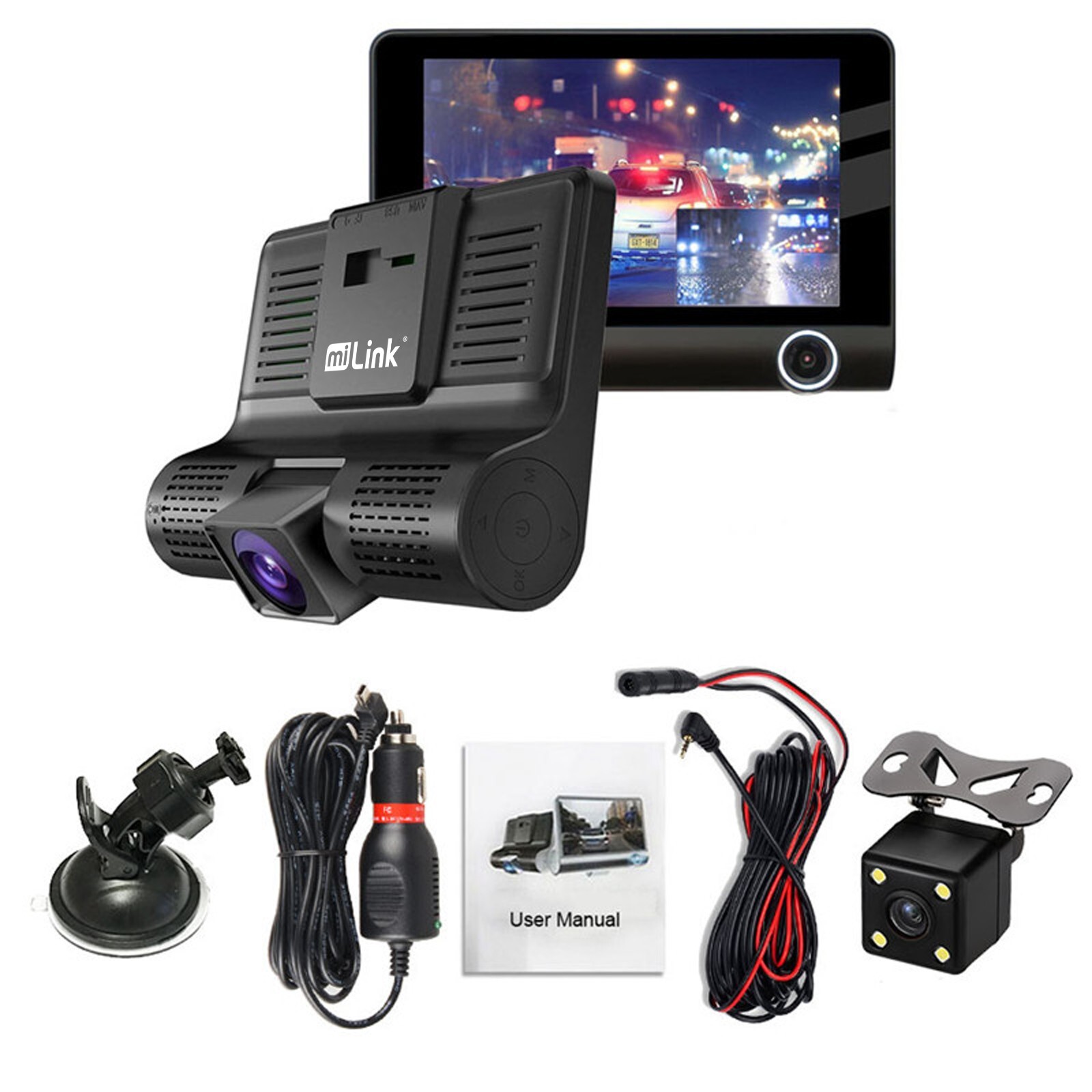 miLink Triple Lens Dashboard Car Rear View Back-up Camera 4.3” Monitor Dash Cam