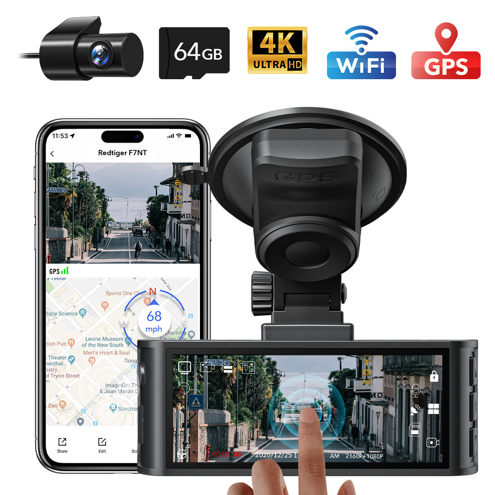 REDTIGER Dash Camera 4K Front and Rear, Touch Screen 3.18 Inch, Free 64GB Card
