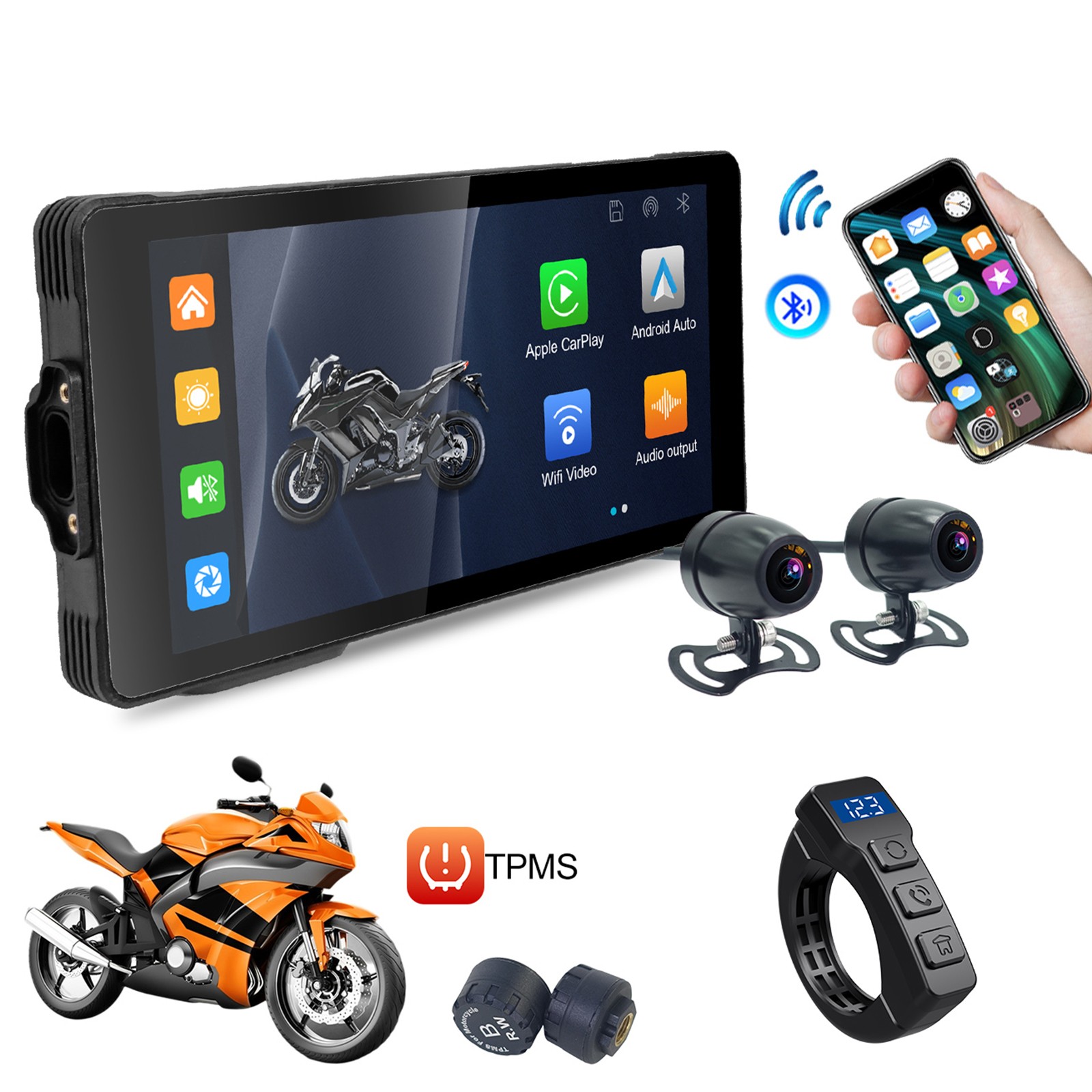 5.5″ Wireless CarPlay Android Motor Navigation Motorcycle GPS 2X Cam/TPMS IP67