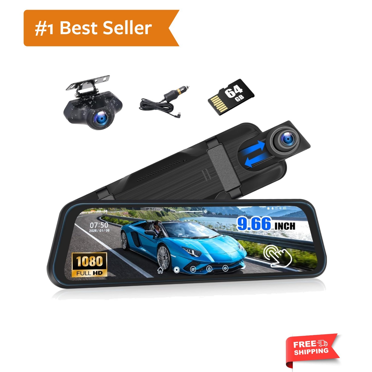 9.66″ Mirror Dash Cam Night Vision,1080P Full HD Front and Rear View Mirror C…