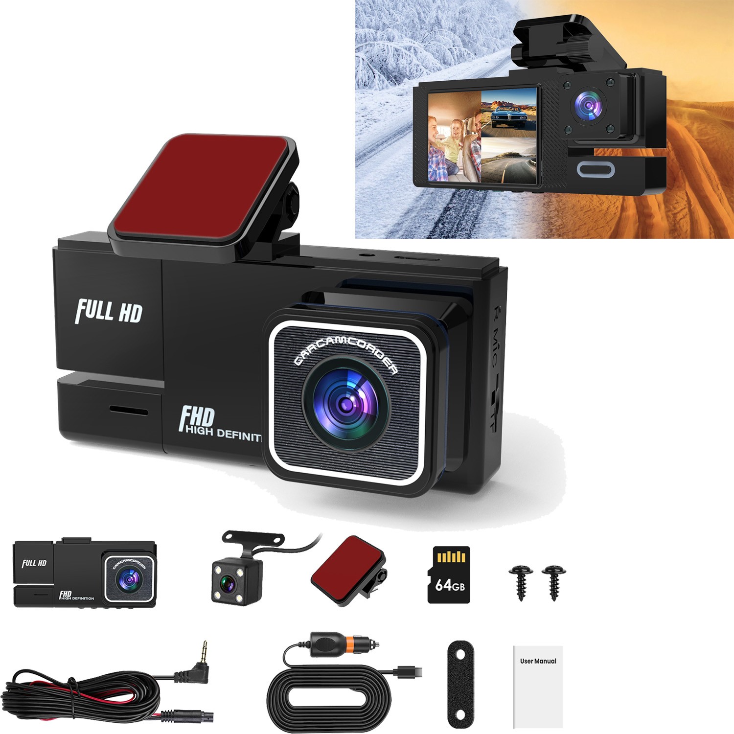 3 Channel 5G WiFi Dash Cam, 1080P Dash Cam Front and Rear Inside with 64GB Card