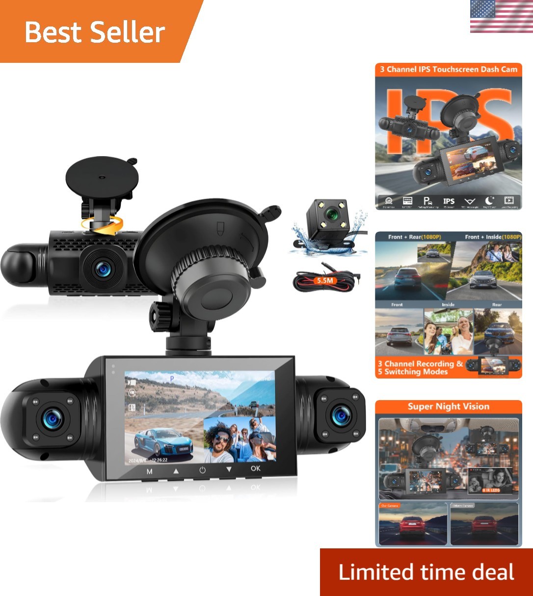 360° Dash Cam – 4-Channel 3″ IPS Touchscreen, Front & Rear, 1080P Night Vision