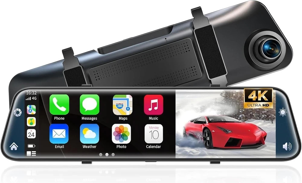 4K Rear View Mirror Camera with Carplay&Android Auto,12″ Mirror Dash Cam Front a