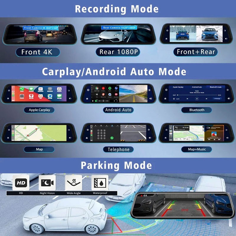 4K Rear View Mirror Dash Cam 9.66 Inch Touch Screen Carplay Car DVR Back Camera
