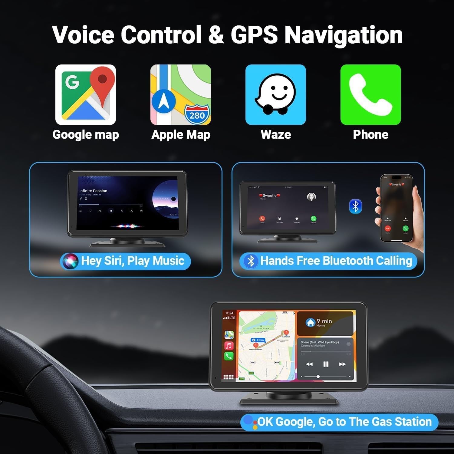 APOKAMORI Wireless Portable Touchscreen Car Stereo Bluetooth Voice Control 7″