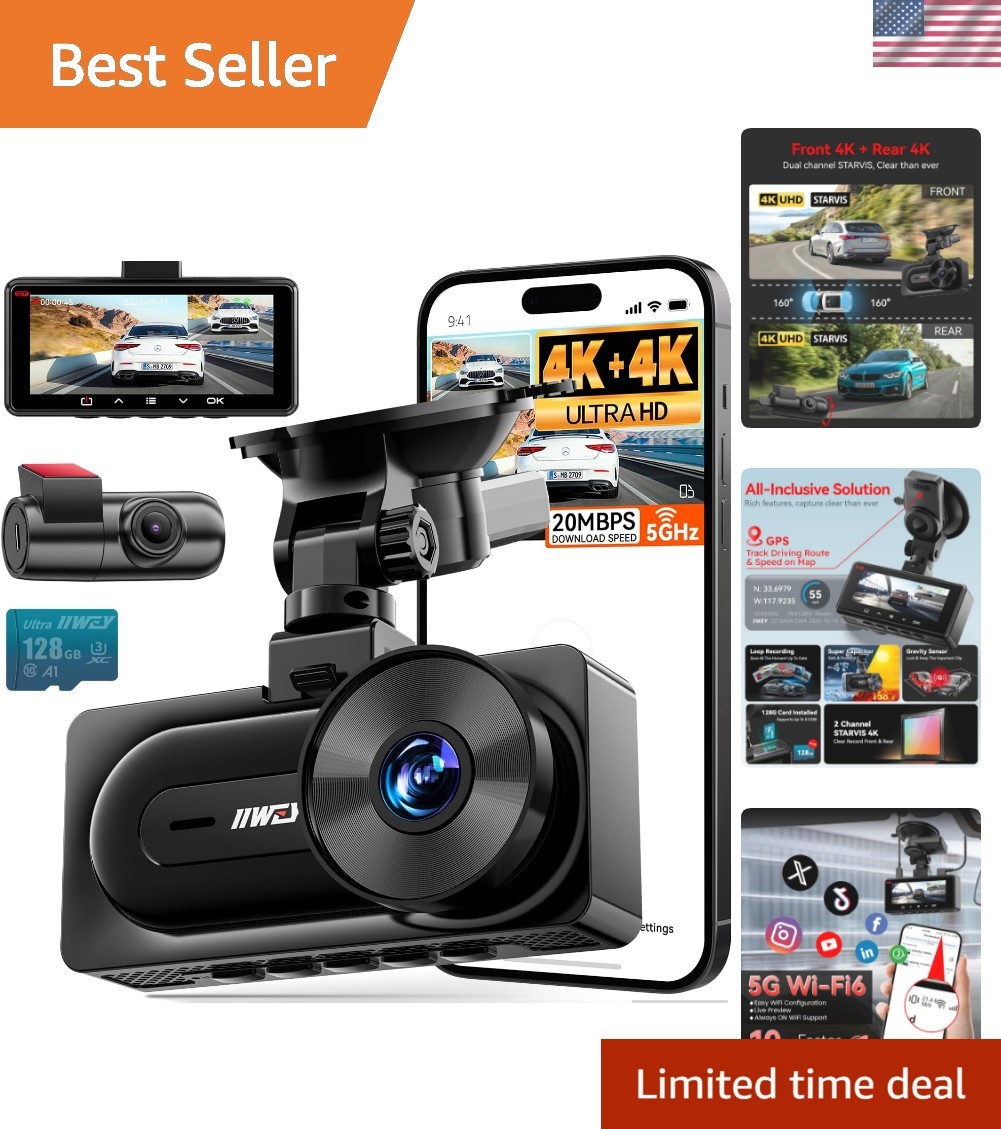 4K Front & Rear Dash Camera with Safety Features & 128G SD Card Included