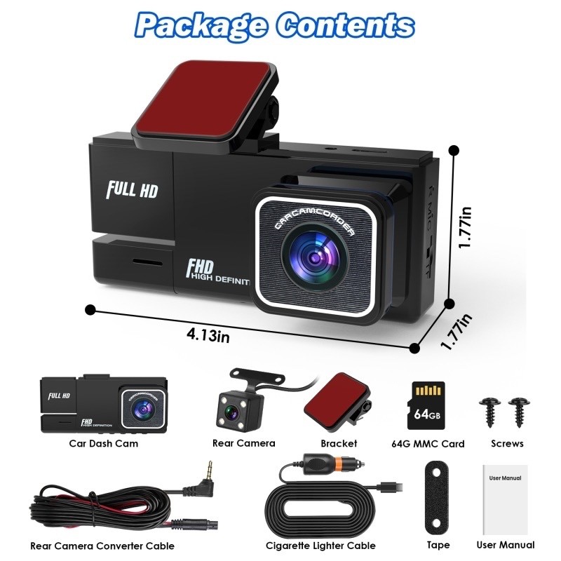 3 Channel 1080P Car Dash Cam WiFi Front Rear Inside Camera Loop Night Vision 64G